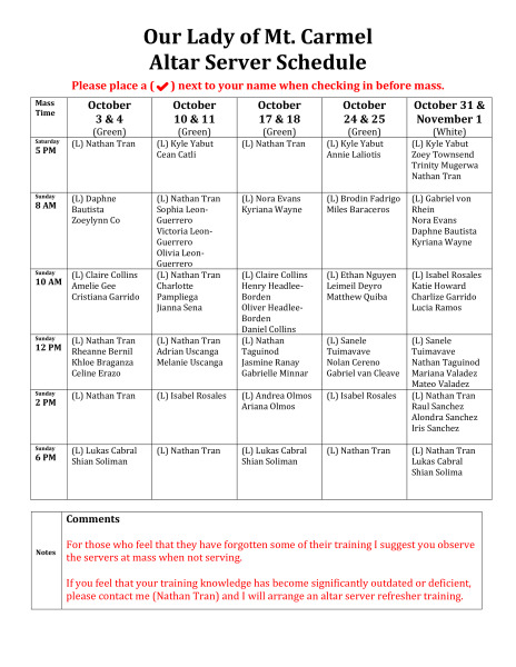 Altar Server Schedule - 2026 October